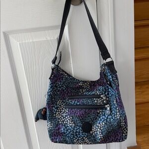 Kipling Navy, Purple and White Floral Shoulder Bag with Black Strap